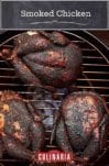 Three whole smoked chickens on a round grill.