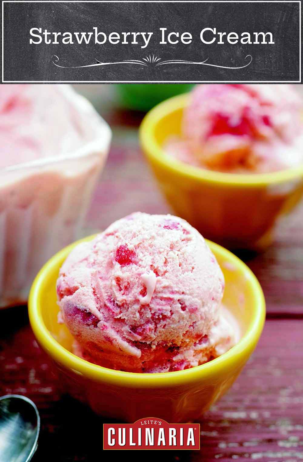 Three bowls of strawberry ice cream.