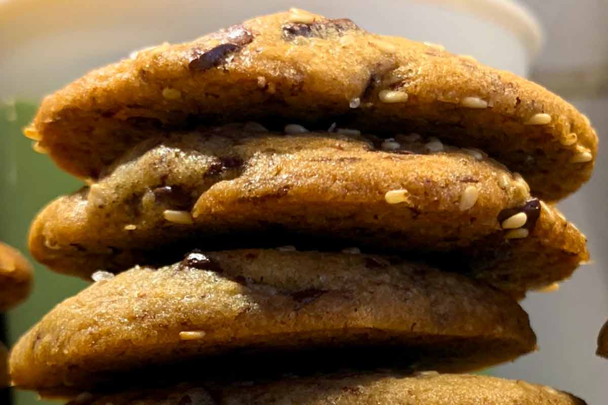 A stack of tahini chocolate chip cookies.