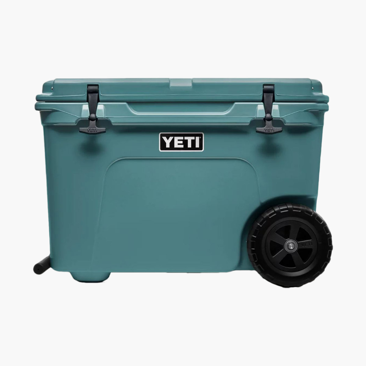 A blue Yeti cooler with wheels.