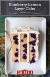 A white plate with a slice of blueberry-lemon layer cake
