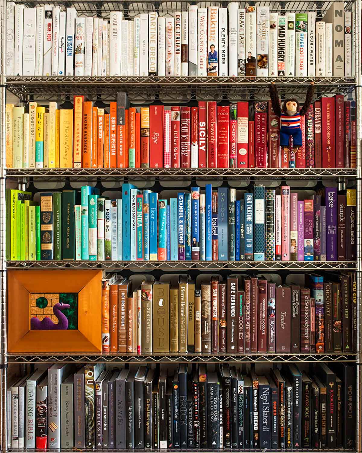 Five shelves of color coordinated cookbooks.