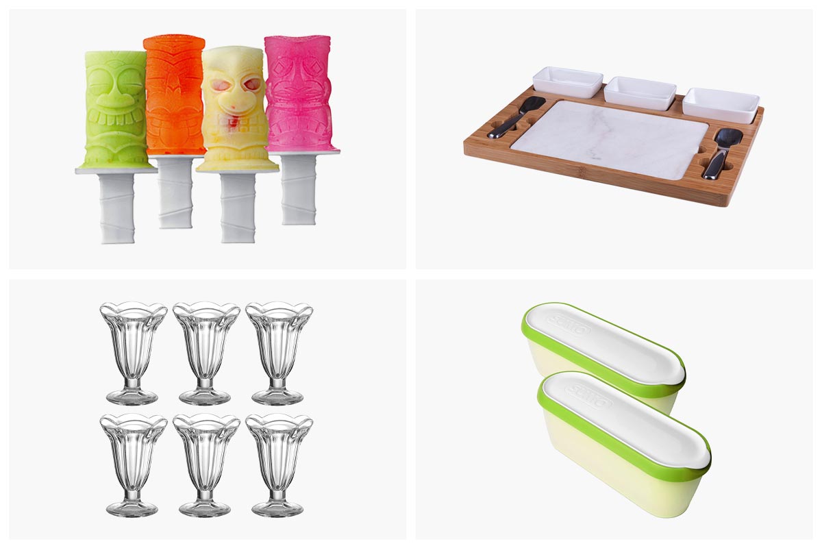 A grid of four images as part of the summer survival guide to help you stay cool during the dog days of summer including, ice pop molds, sundae glasses, ice cream containers, and a marble slab.