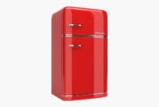 A red retro-style refrigerator for keeping our cold kitchen 100 recipes cool.