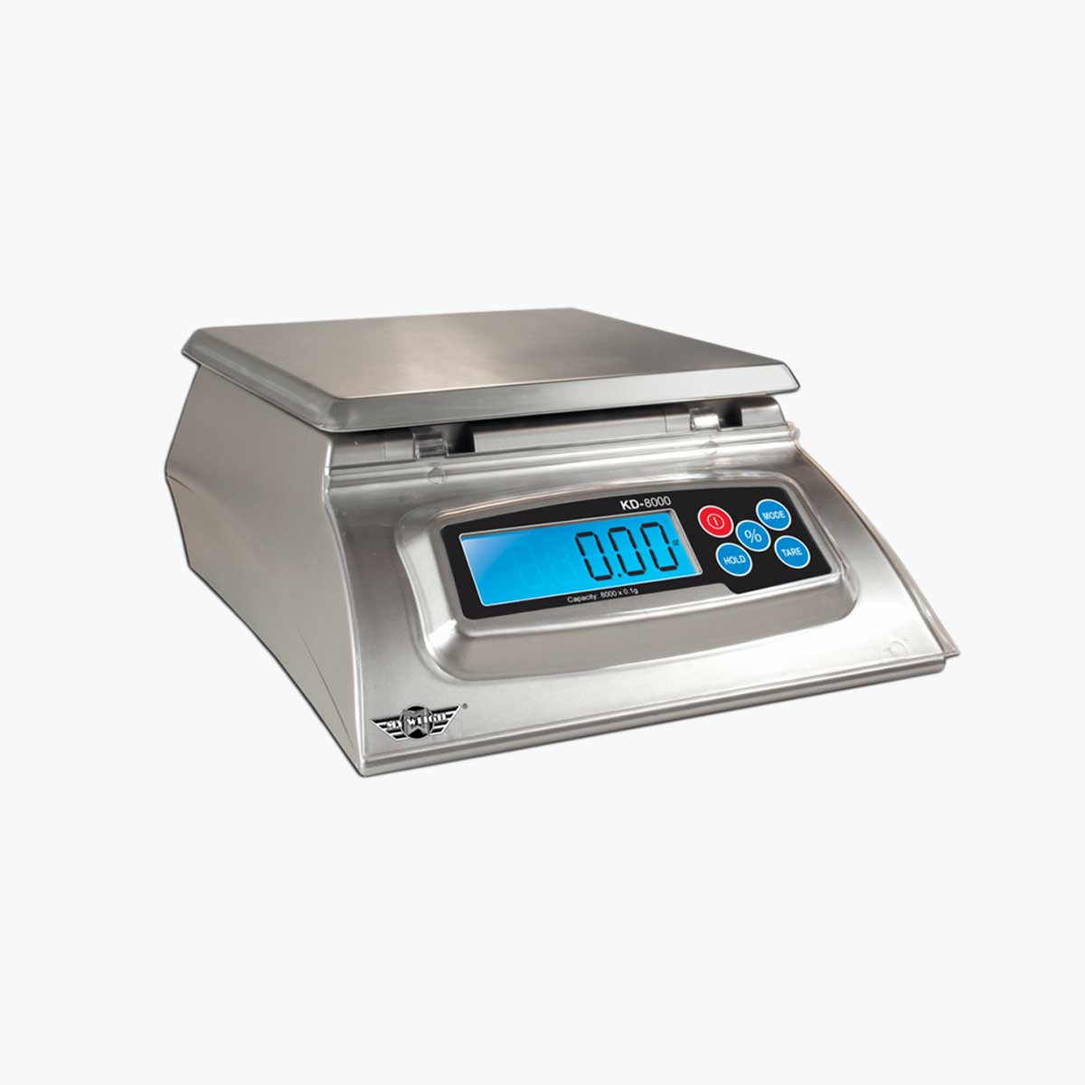 A stainless steel My Weight kitchen digital scale.