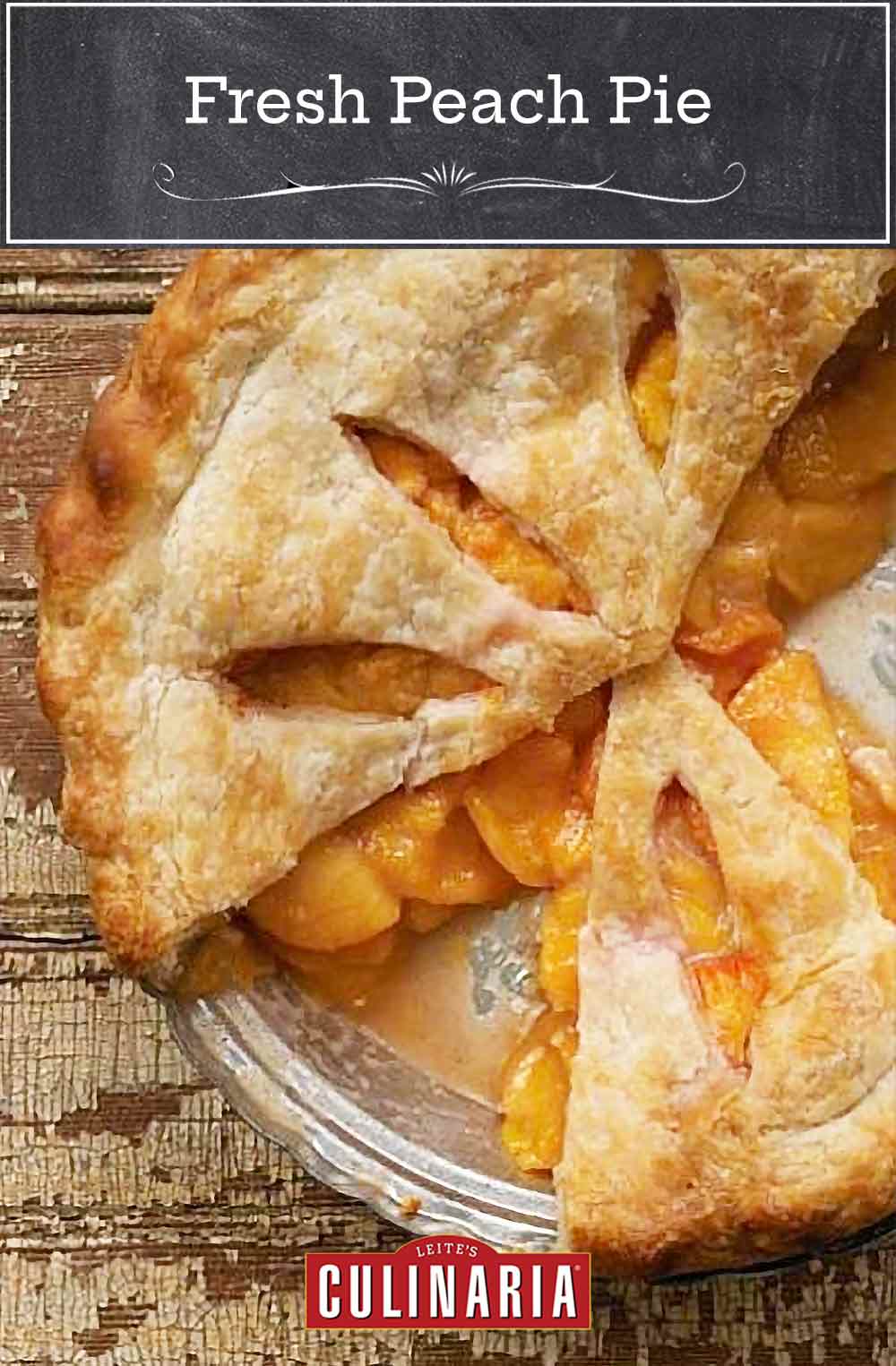 A baked fresh peach pie with three slices missing.