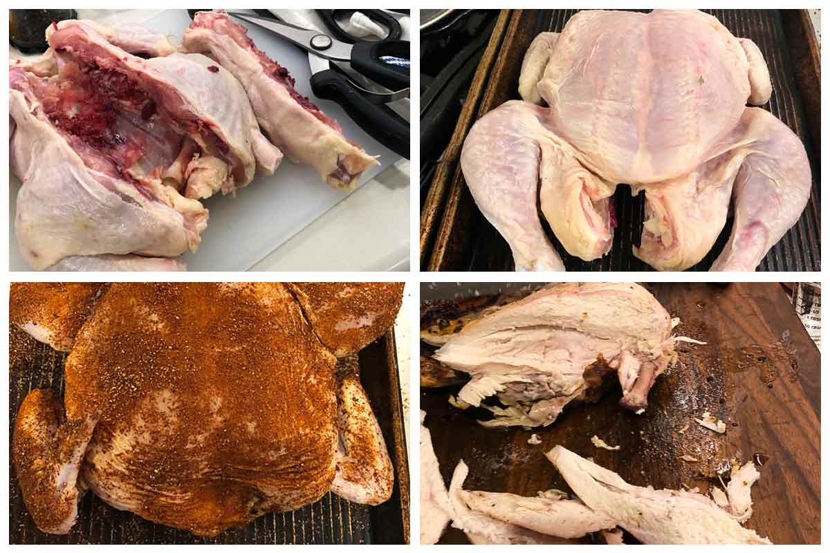 Four images of a grilled roasted chicken being prepared.