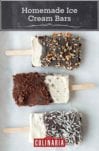 Three homemade ice cream bars, coated with chocolate and sprinkled with almonds, coconut, and chocolate crumbs.
