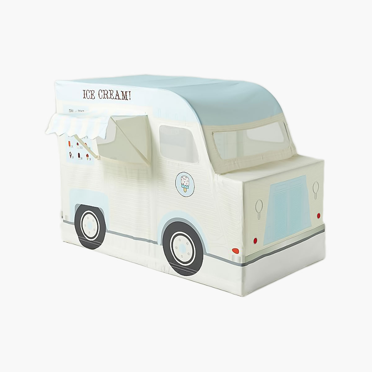 A blue and white pop up ice cream truck tent.