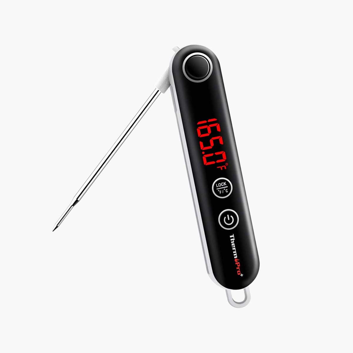 A black ThermoPro instant read thermometer.