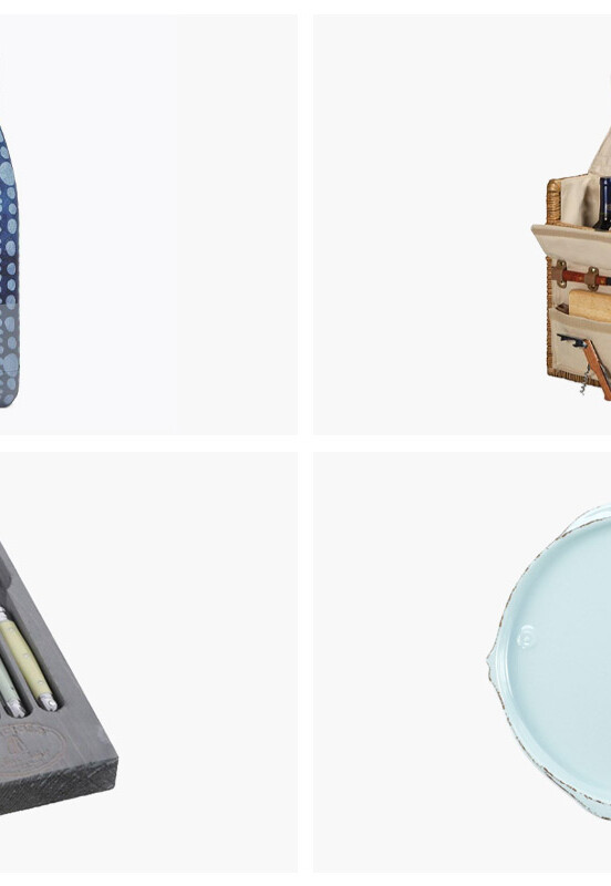 A grid of Memorial Day must-haves including a water bottle, picnic basket, spoons, and fish-shaped platter.
