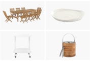 A grid of outdoor living essentials including a dining set, large plater, bar cart, and ice bucket.