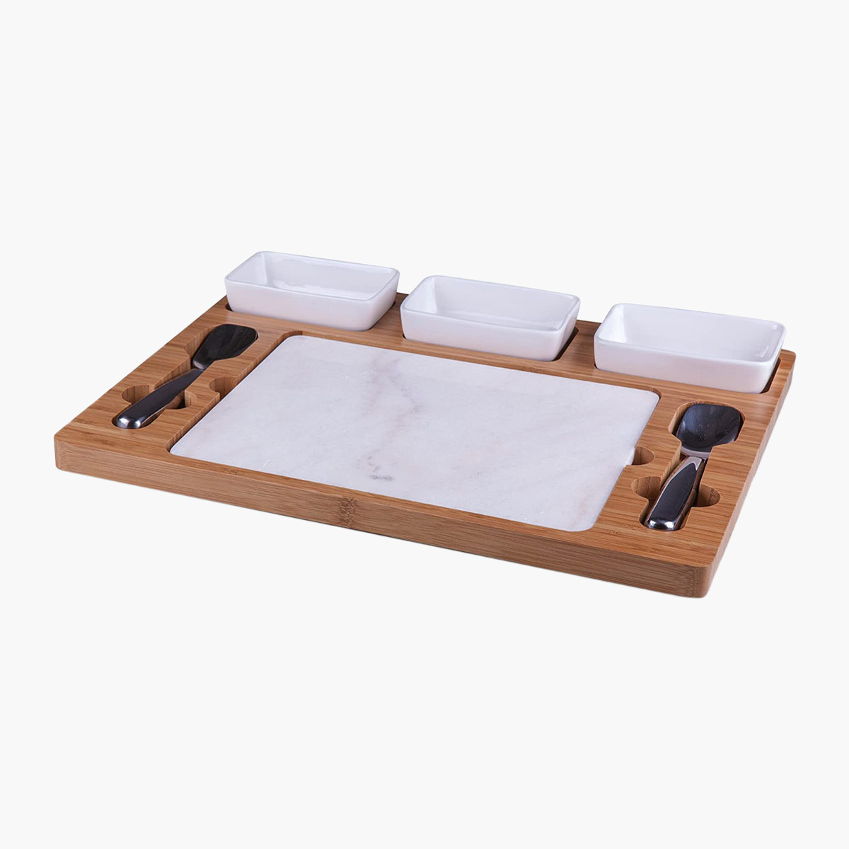 A wooden and marble parlor ice cream mixing set with three bowls, two mixing tools, and a marble slab.