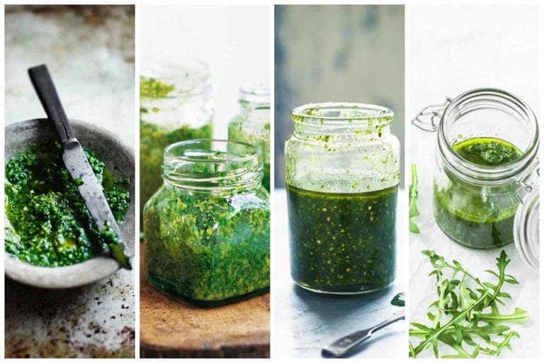 Four pesto-filled jars made from four different pesto recipes.