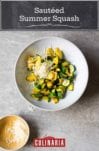 A white bowl filled with sautéed summer squash with a sprinkle of Parmesan on top and a small bowl of Parmesan on the side.