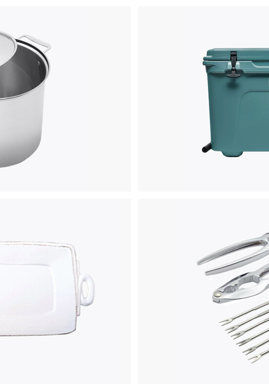 A grid of seafood feast essentials, including a pot, cooler, platter, and seafood forks.