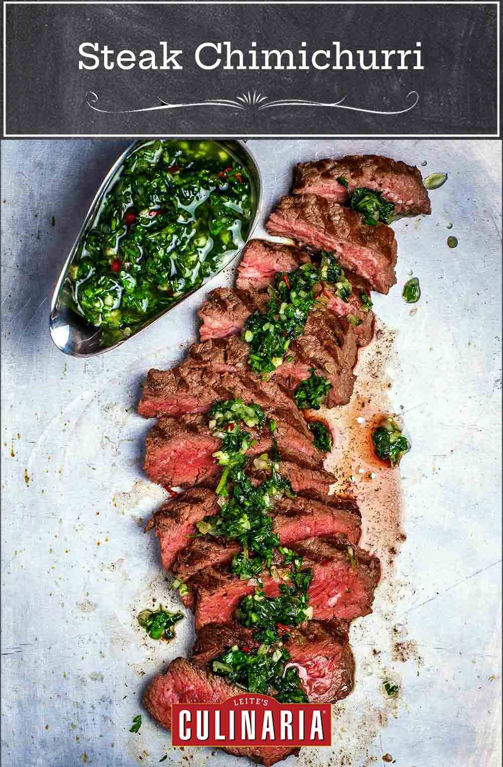 This simple steak chimichurri is made with grilled steak that's topped with a tangy herb and garlic sauce. It's easy, but so impressive that we've got it on repeat all summer long. #steak #grilling #chimichurri #easy