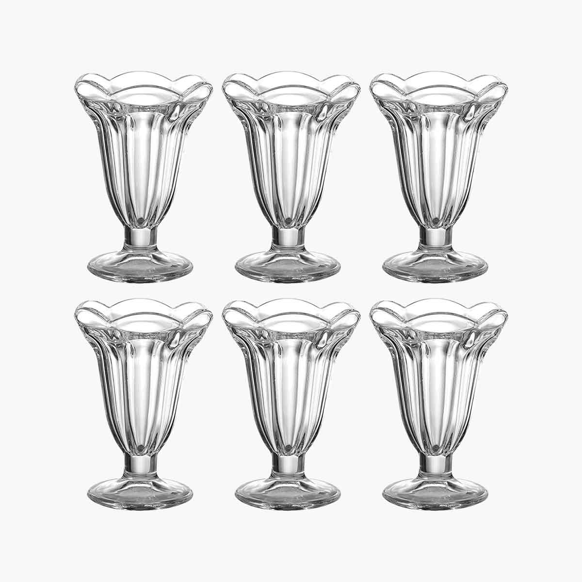 Six tulip sundae glasses.