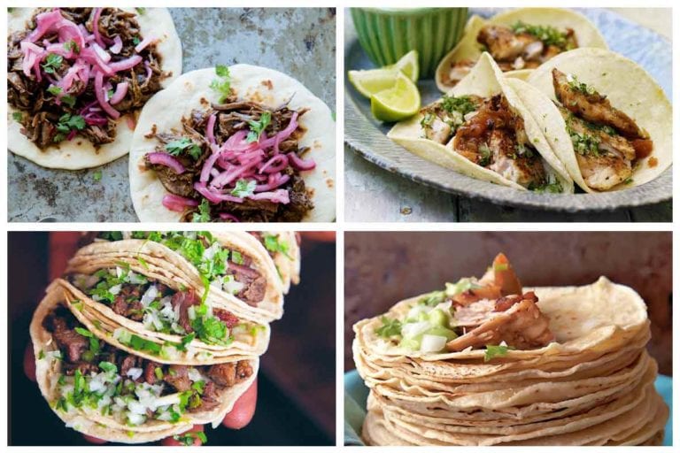 Images of four different taco recipes, including ancho short rib tacos, grilled red snapper tacos, beef tongue tacos, and carnitas tacos