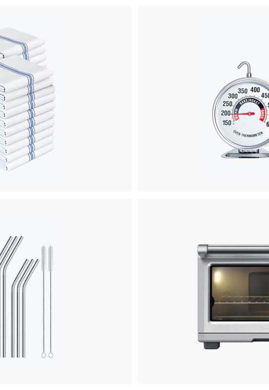 A grid of the tools we can't live without including kitchen towels, oven thermometer, reusable straws, and a Breville smart oven.