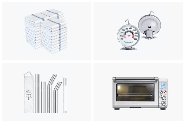 A grid of the tools we can't live without including kitchen towels, oven thermometer, reusable straws, and a Breville smart oven.