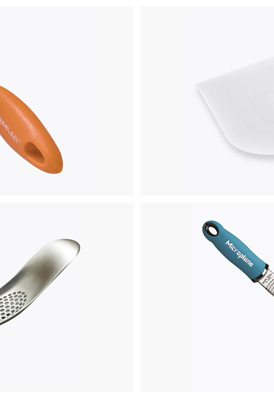 A grid of kitchen tools under $20 including a brush and peeler tool, bench scraper, microplane zester, and garlic rocker.