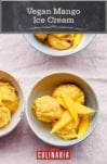 Three bowls of vegan mango ice cream topped with mango slices.