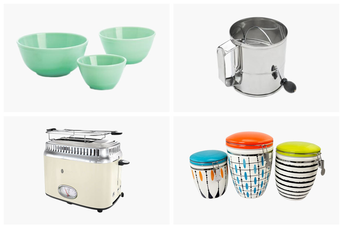 A grid of vintage kitchen tools including bowls, toaster, flour sifter, and canisters.