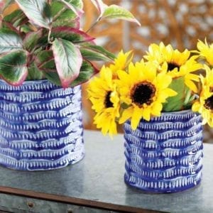 Blue Porcelain Planters with sunflowers in them