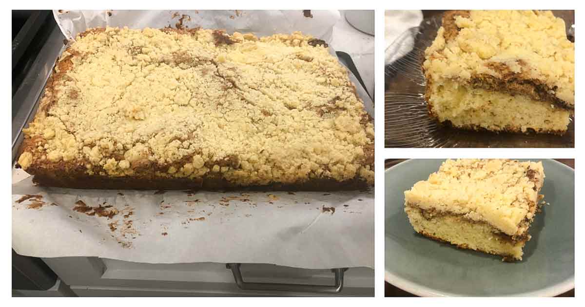 Two images of coffee coffee cake squares on plates, and a whole cooked cake.