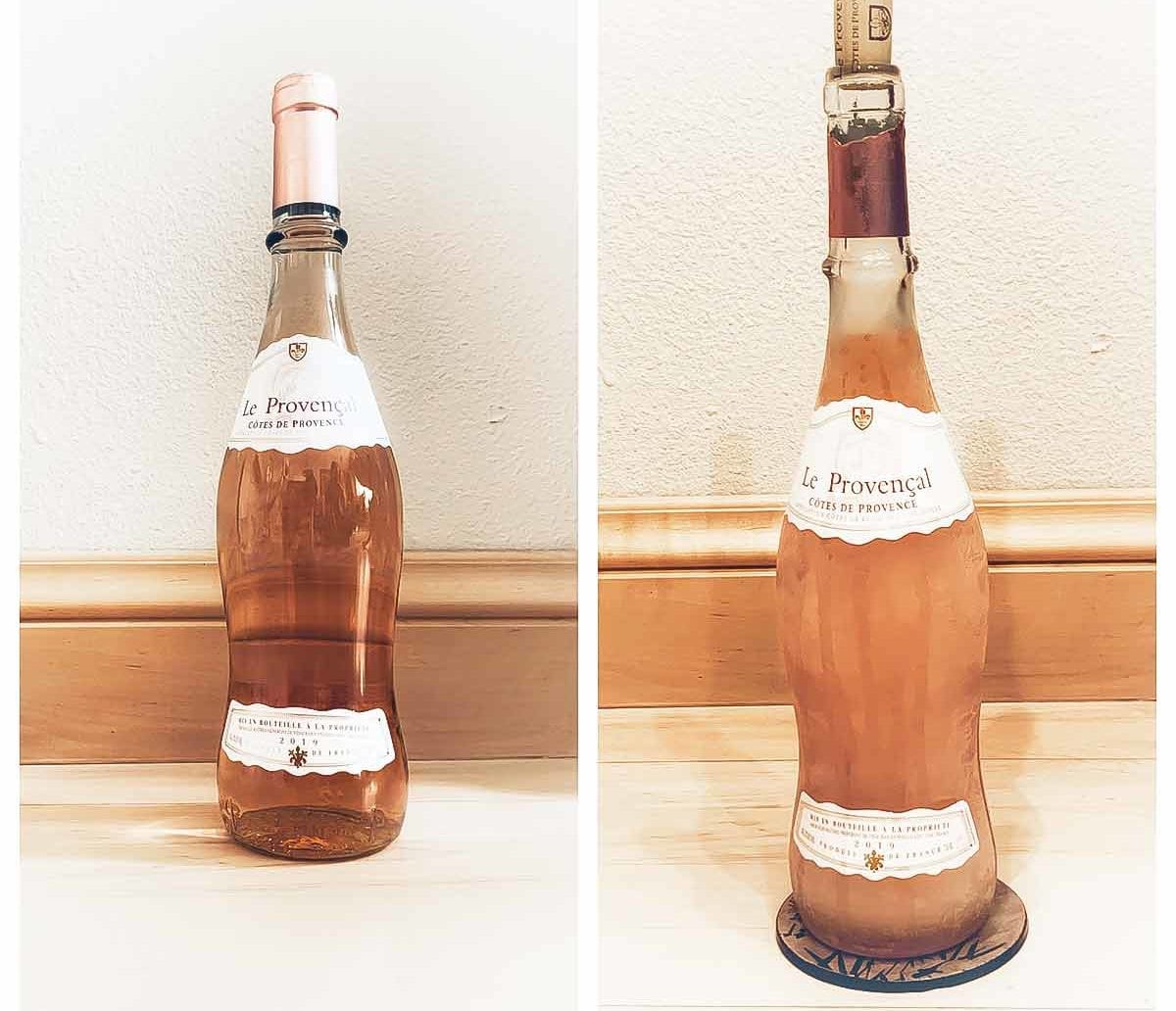An image of a bottle of rose next to it transformed into a bottle of frose.