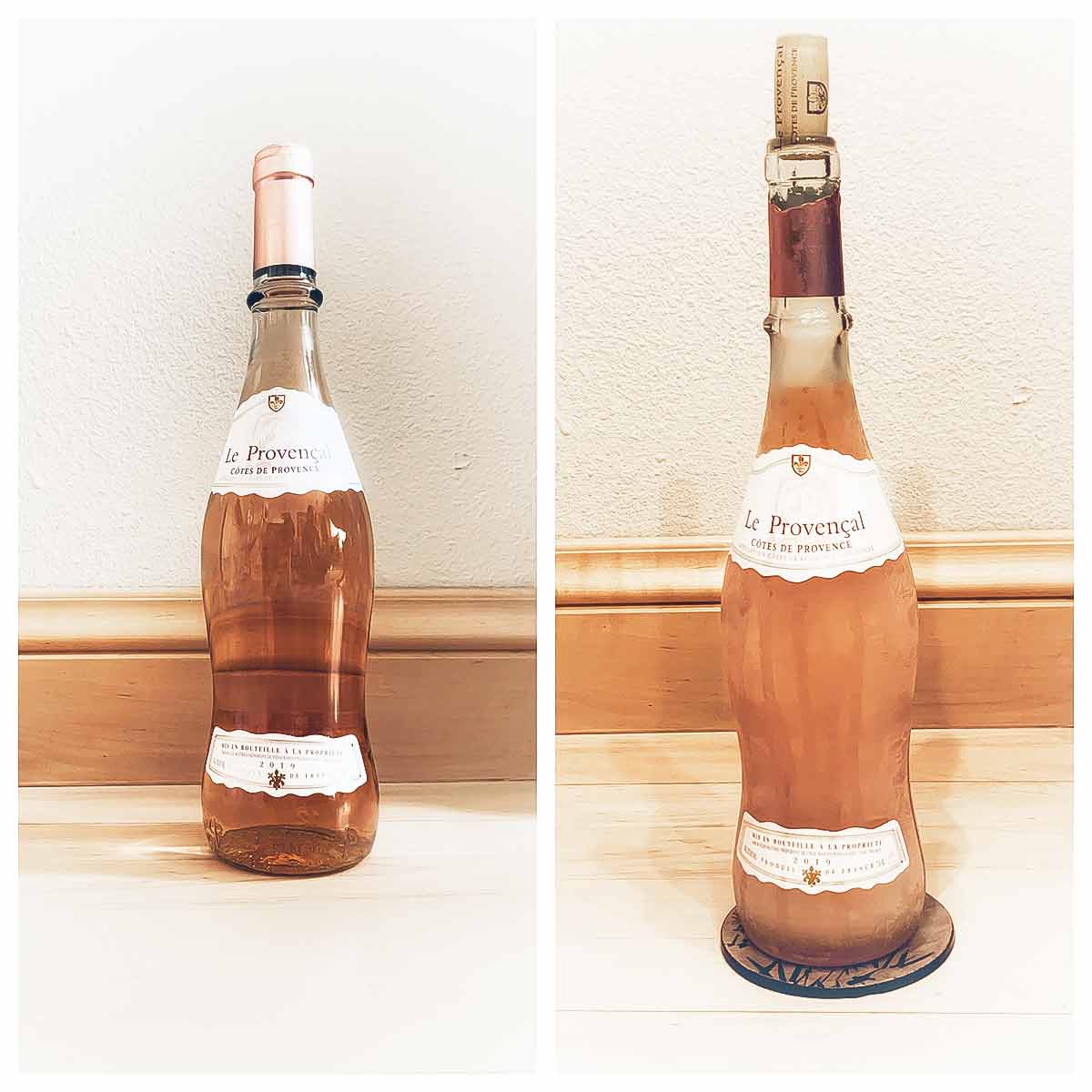 An image of a bottle of rose next to it transformed into a bottle of frose.