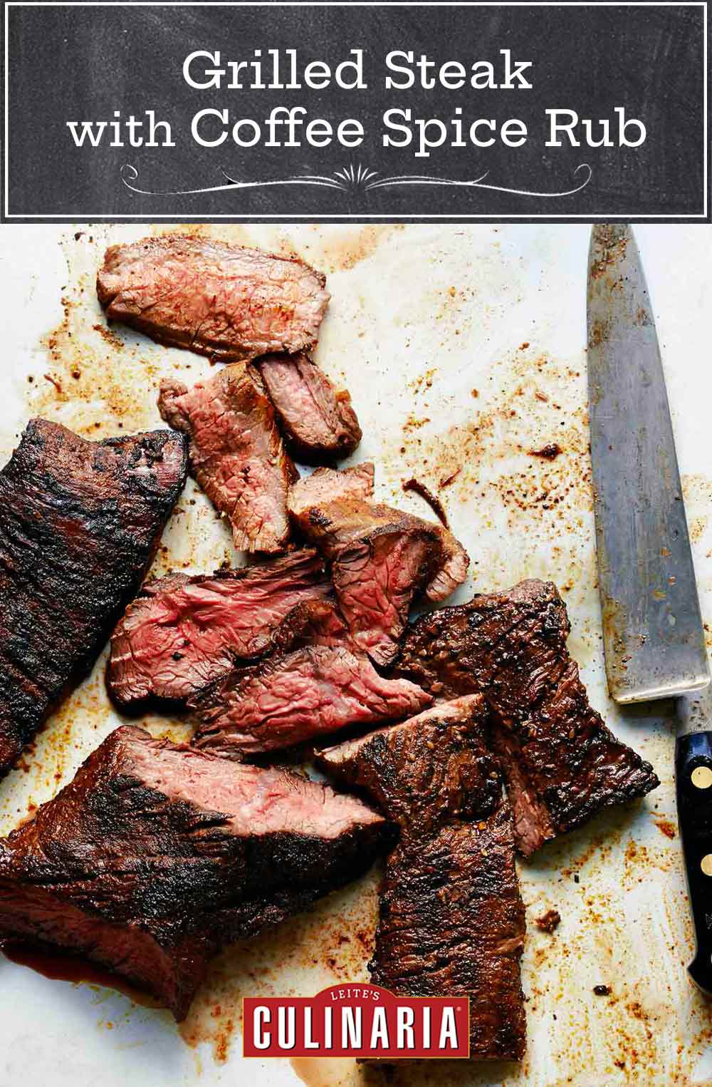 A sliced grilled steak with coffee spice rub and a carving knife lying beside it