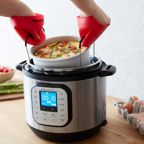 Removing a cake pan from a Instant Pot Duo Nova.