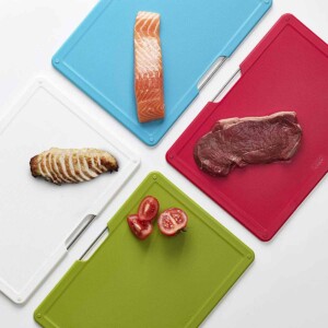 Different meats on different colors of the Joseph Joseph Folio Cutting Board Set.