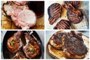 A grid of featured images from the 15 pork chop recipes roundup including, roast pork loin, pickle brined pork chops, coffee crusted pork chops, and Cambodian pork chops.