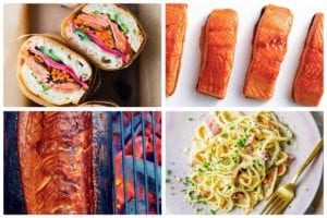 A grid featuring 4 of 7 salmon recipes, including lemony salmon pasta, salmon banh mi sandwiches, maple glazed salmon, and cedar plank-grilled salmon.