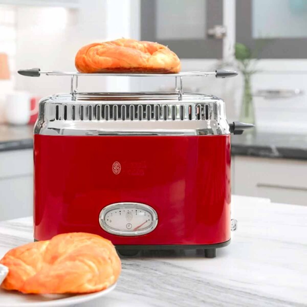 A Red Russell Hobbs 2-Slice Retro Toaster with Croissants