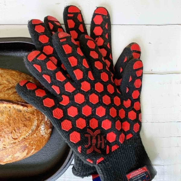 Heat Resistant Oven Gloves with a Loaf of Sourdough Bread and Challenger Pan