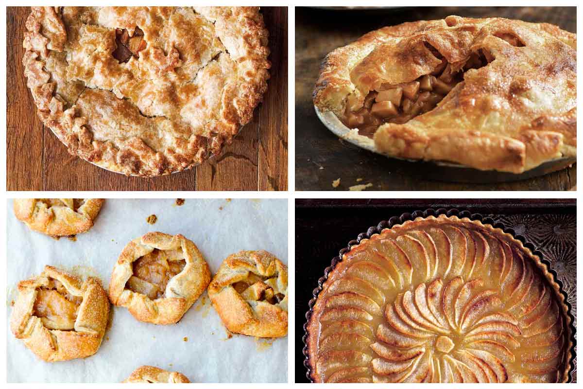 A grid of four apple pie recipes, including apple tart, two apple pies, and apple hand tarts.