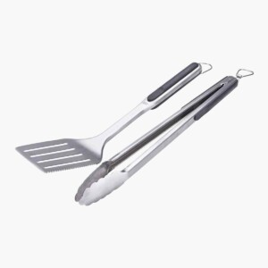 A stainless steel OXO good grips 2-piece grilling set.