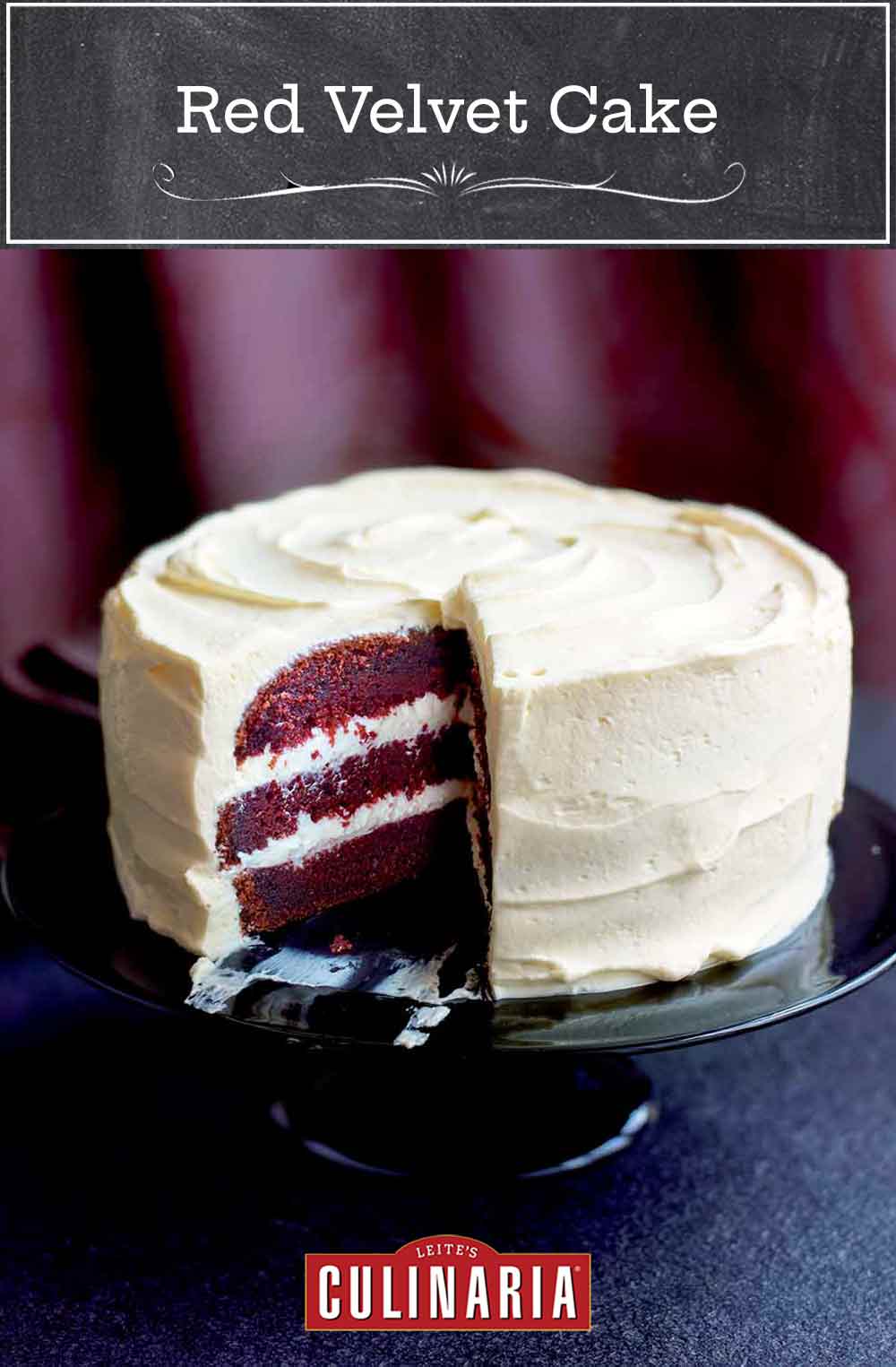 A red velvet cake with cream cheese frosting on a cake stand