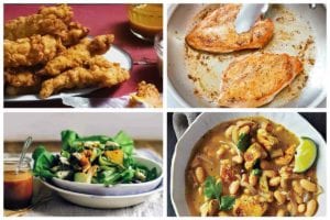 Four of the 23 quick chicken recipes including chicken tenders, pan-fried chicken, chicken salad, and white bean and chicken chili.