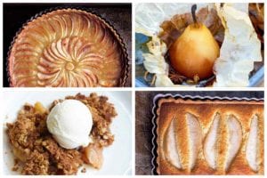 A grid of 4 of the 28 fall desserts recipes, including apple tart, pear parcels, crumble, and pear tart