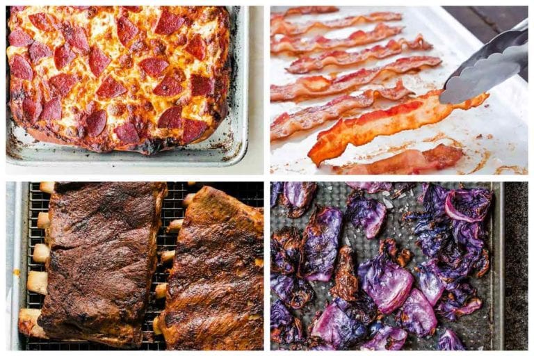 Four of the 32 sheet pan salvation recipes, including a baked pepperoni pizza, baked bacon, oven ribs, and charred cabbage.