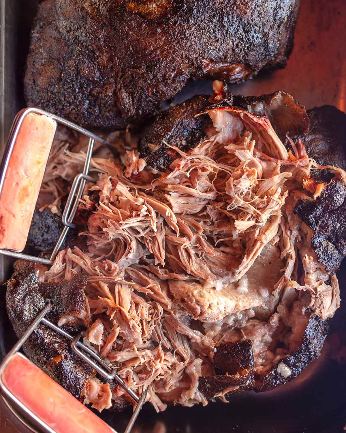 Partially shredded slow cooker pulled pork with two large forks shredding it.