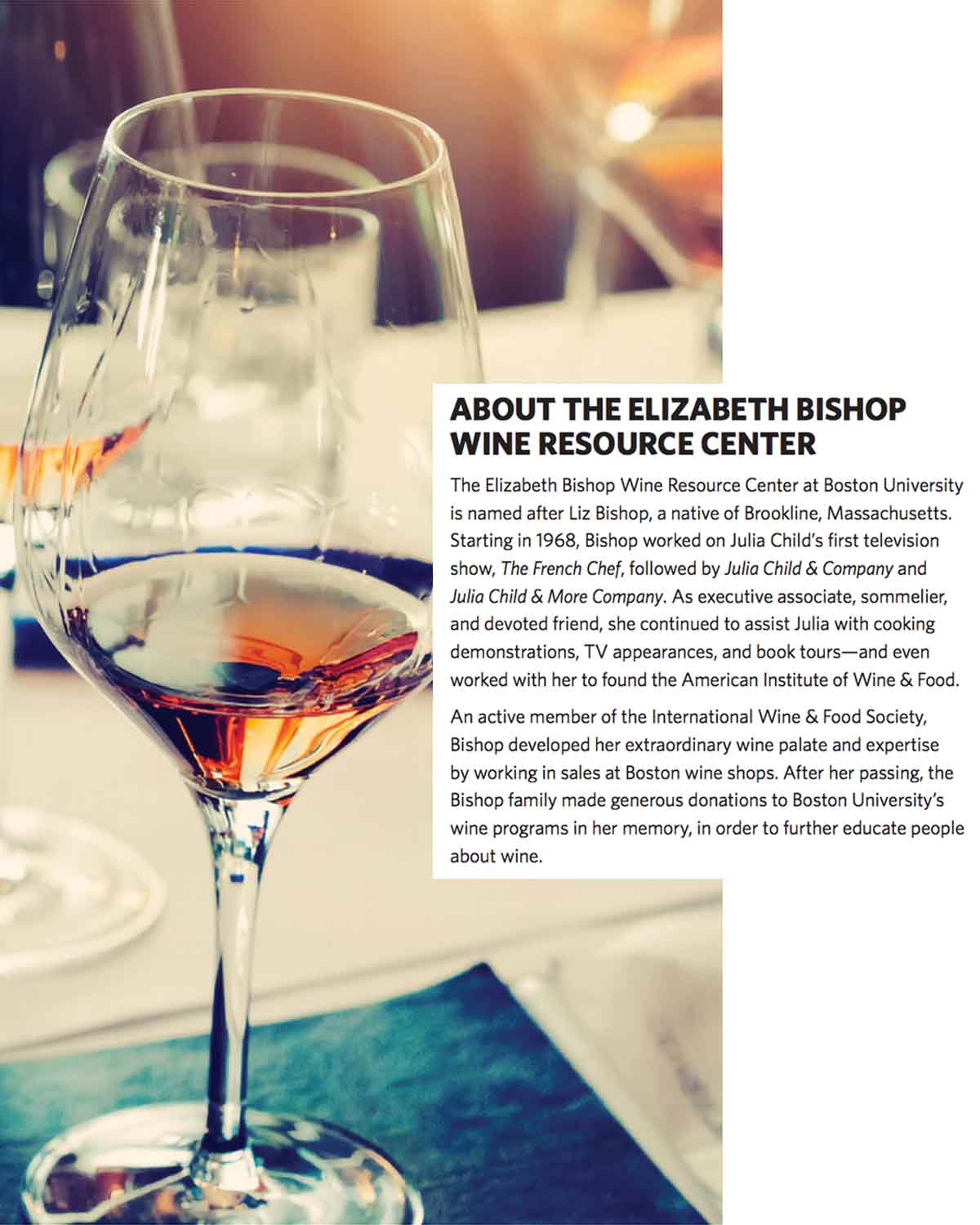 An image of a glass of wine and a text box explaining what the Elizabeth Bishop wine resource center is.