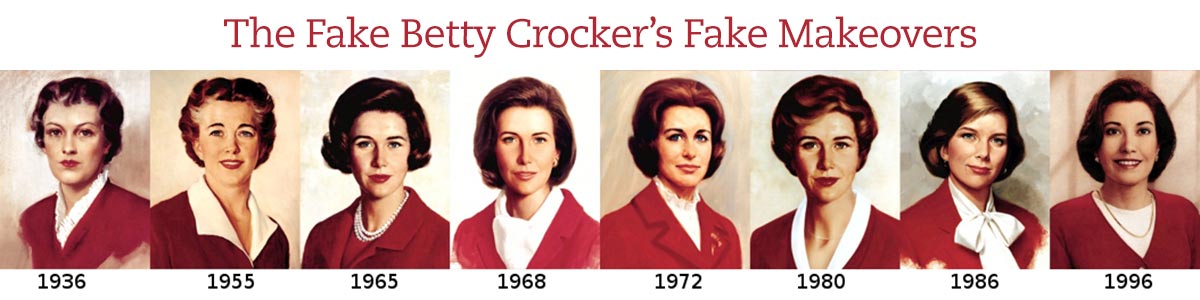 Images of Betty Crocker makeovers through the ages, featured in the podcast Talking With My Mouth Full Ep. 34: An Intimate Look at James Beard with John Birdsall.