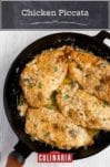 A skillet filled with classic chicken piccata