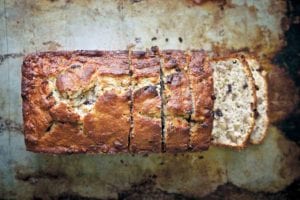 A loaf of chocolate-bourbon banana bread with several slices cut off one end.Chocolate Bourbon-Spiked Banana Bread